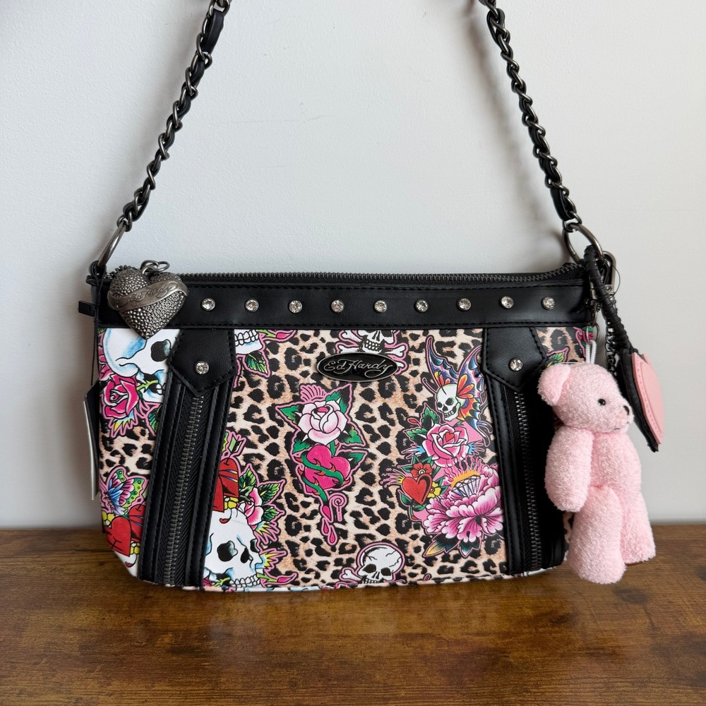 New Ed Hardy Leopard Skull Shoulder Handbag Y2K Bear Charms Pink Black Heart